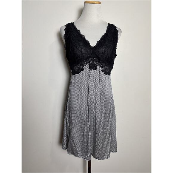 Intimacy Dresses & Skirts - Womens Silk Babydoll Mini Slip Dress XL Black Lace Houndstooth Print Fairy Goth